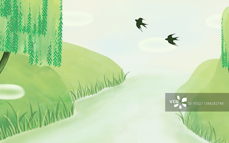 朦胧的绿色春天溪水流树山野图片素材