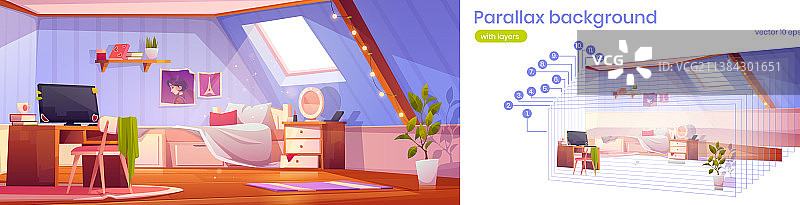 阁楼女孩卧室内部视差背景图片素材