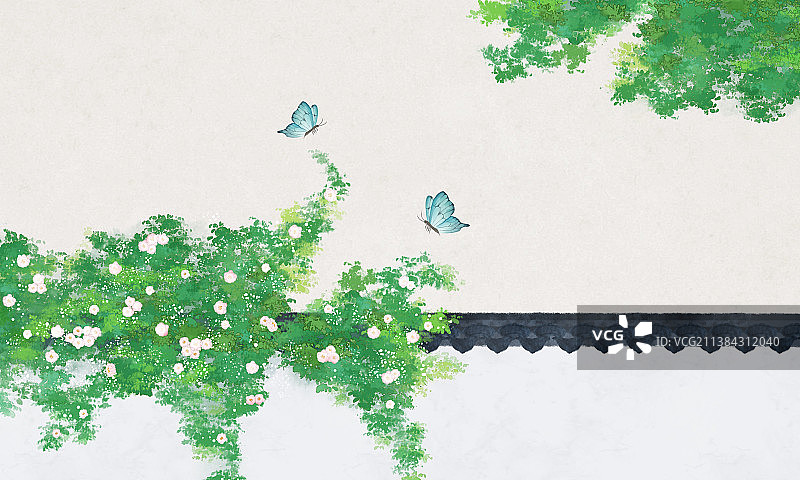 夏季蔷薇风景中式插画图片素材
