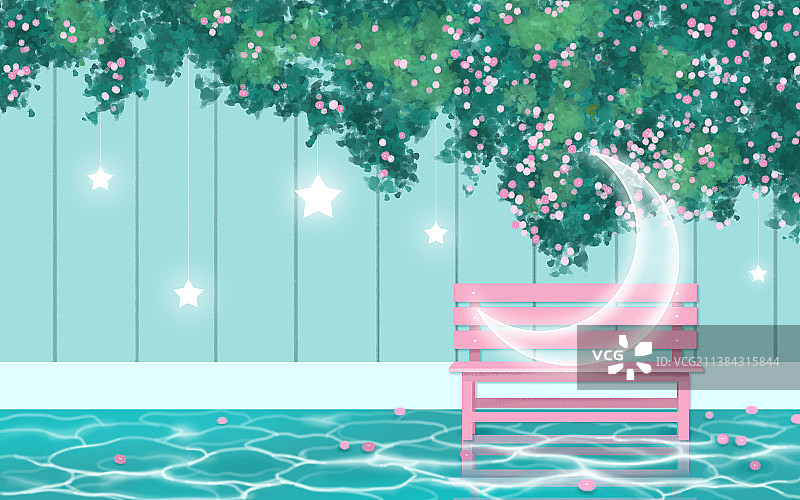 梦幻蔷薇花树公园长椅星月图图片素材