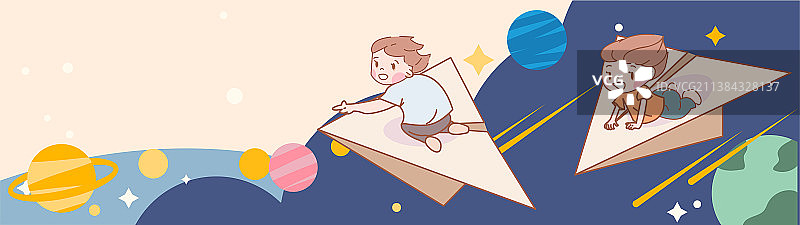 六一儿童节坐在纸飞机上的两个小孩横版图片素材