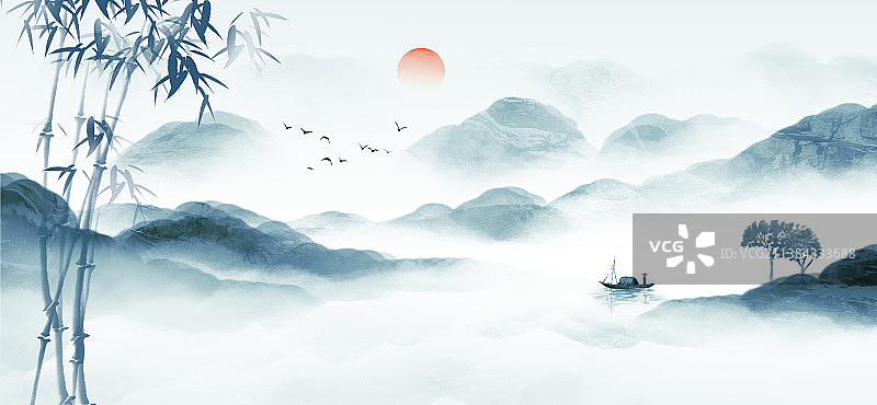 中国风蓝色意境山水画图片素材