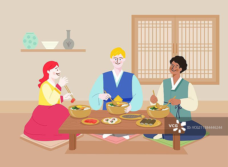 韩国文化体验，外国游客穿韩服吃拌饭矢量图图片素材