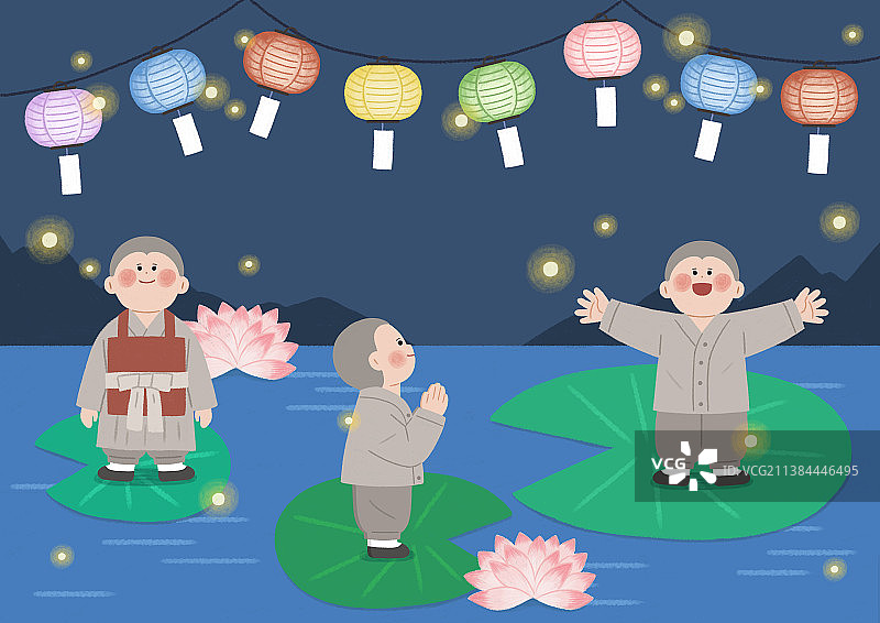 佛诞节，莲花上的童僧插画图片素材