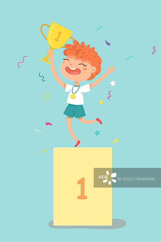 孩子赢得金牌和奖杯图片素材
