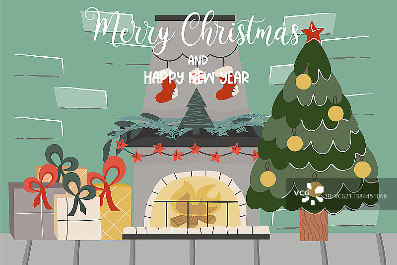 带壁炉和冷杉树的圣诞砖砌阁楼图片素材