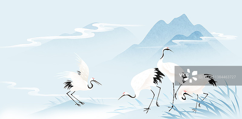 中国风丹顶鹤新中式山水风景插画壁纸图片素材