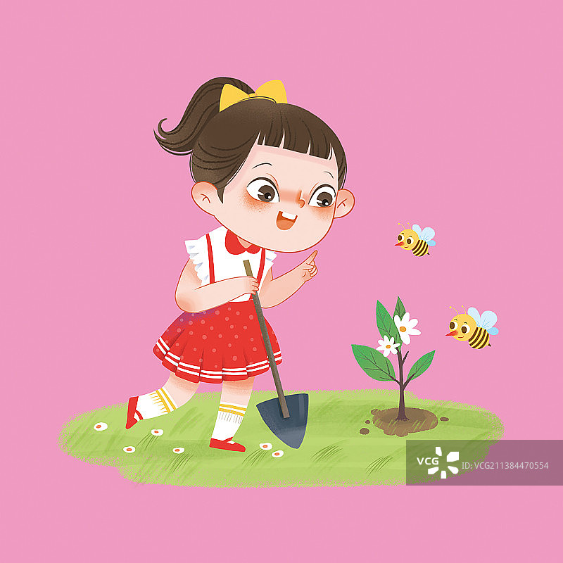 可爱小女孩植树图片素材