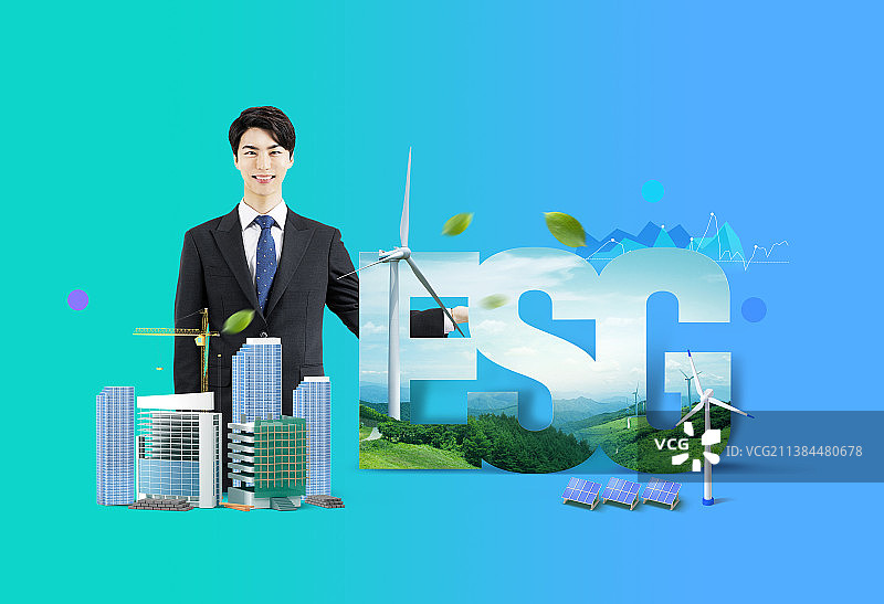 ESG宣传海报：风力发电能源和亚洲韩国男模特图片素材