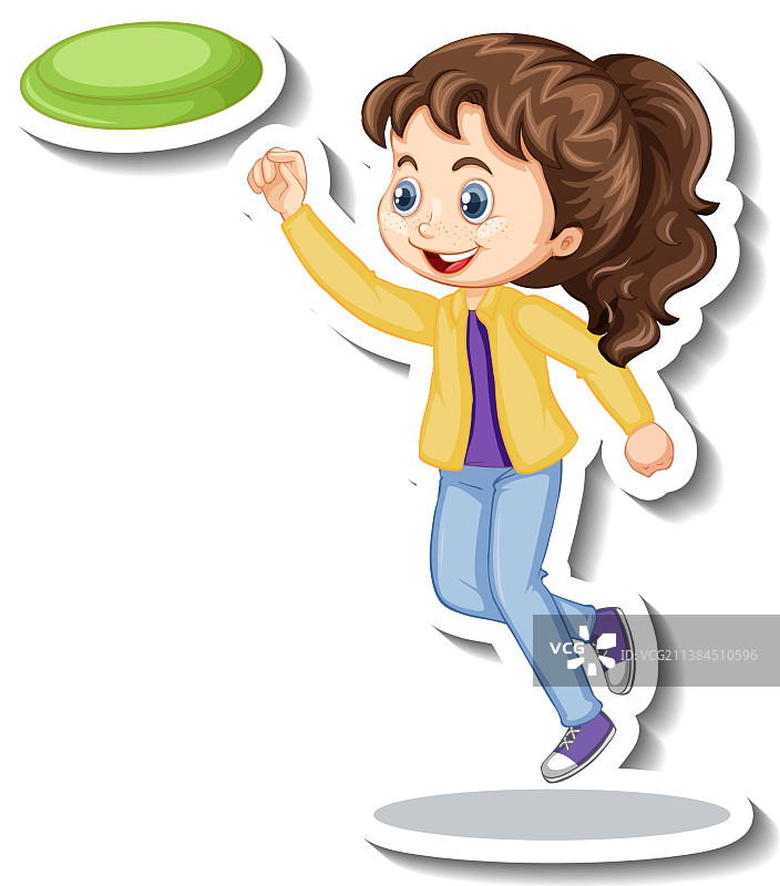 玩飞盘的女孩卡通人物贴纸图片素材