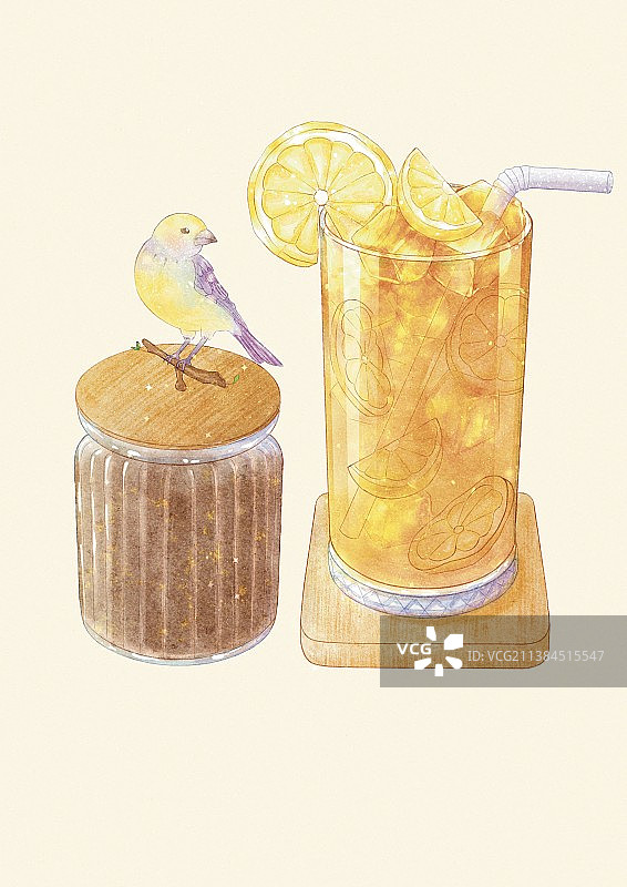 星空小鸟柠檬茶插画海报图片素材