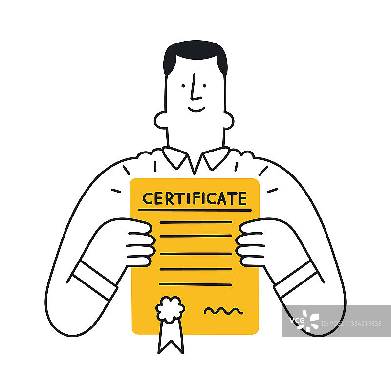 快乐男人拿着证书轮廓线性细线图片素材