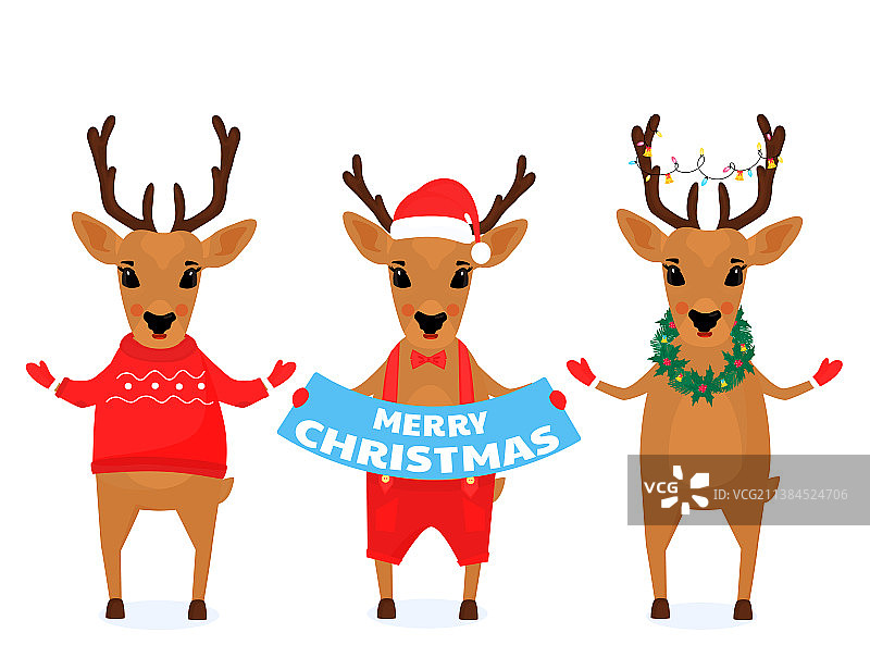 戴着圣诞老人帽子的有趣圣诞驯鹿图片素材