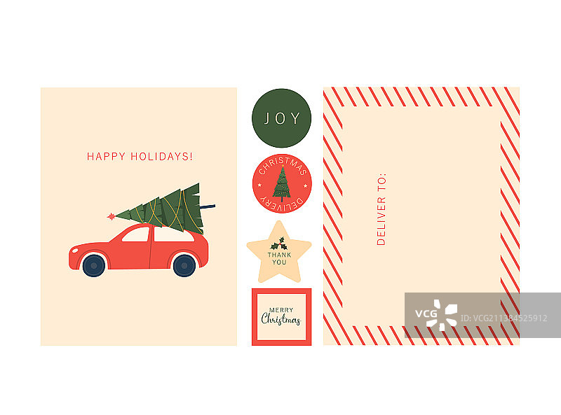 冬季节日圣诞节套装卡片和贴纸图片素材