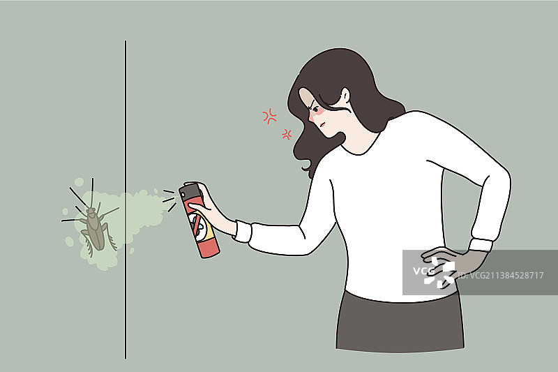 愤怒的女人用杀虫剂喷洒昆虫图片素材