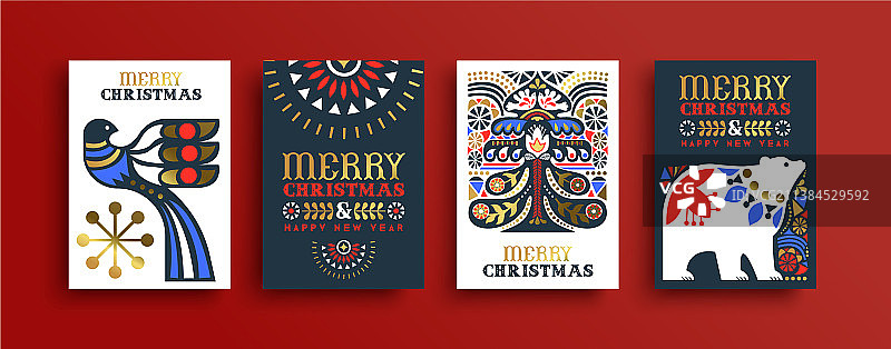 圣诞新年金色民间艺术复古卡片套装图片素材