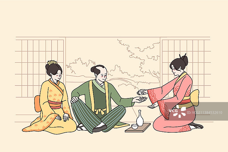 穿日本服装的人们参加茶道图片素材