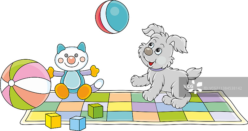 快乐的小狗玩条纹球图片素材