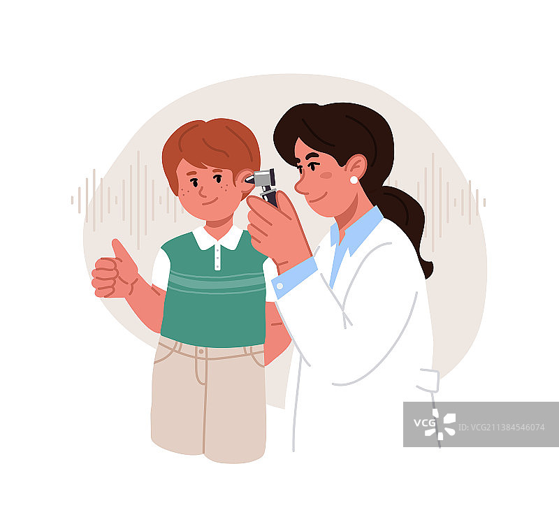 女听力医生为男孩检查耳朵图片素材