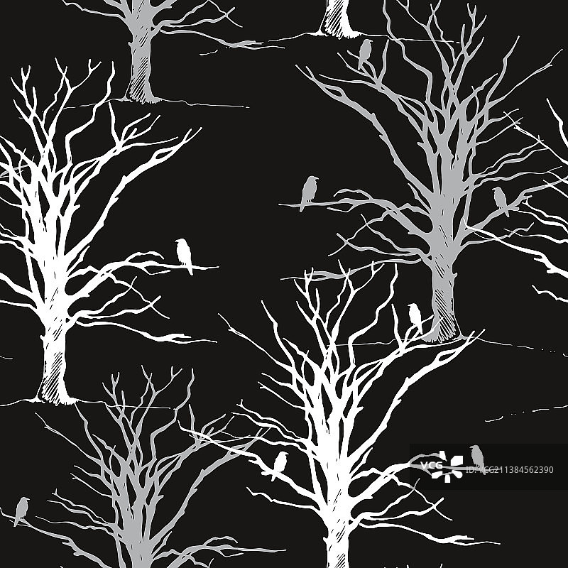 树木与乌鸦剪影图案（手绘）图片素材