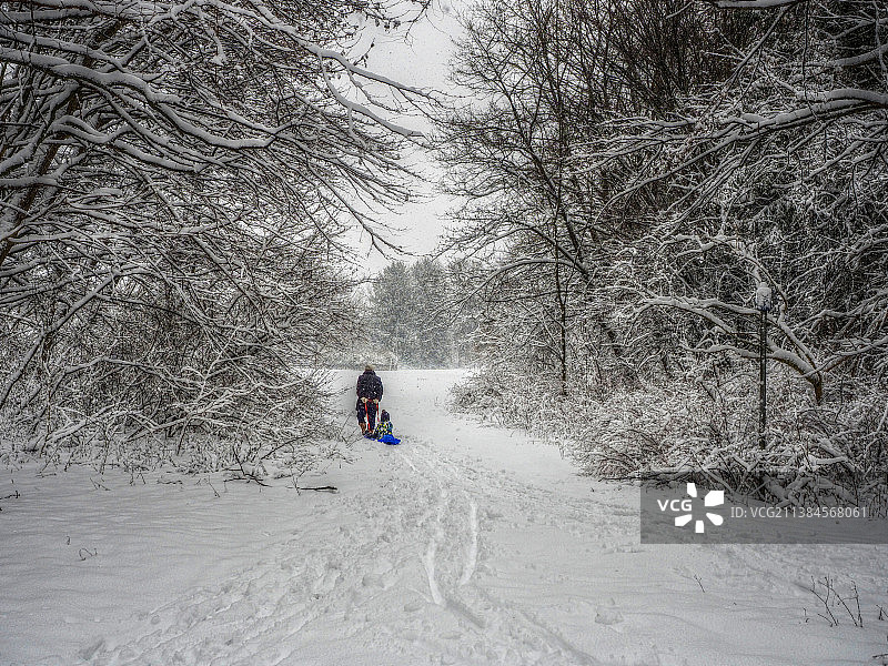 雪地上玩雪橇的男孩图片素材