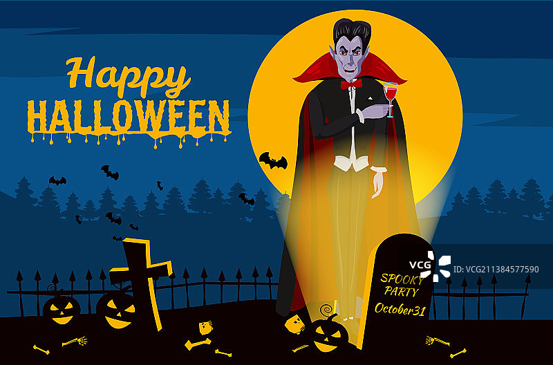 万圣节快乐：墓地十字架上的德古拉图片素材