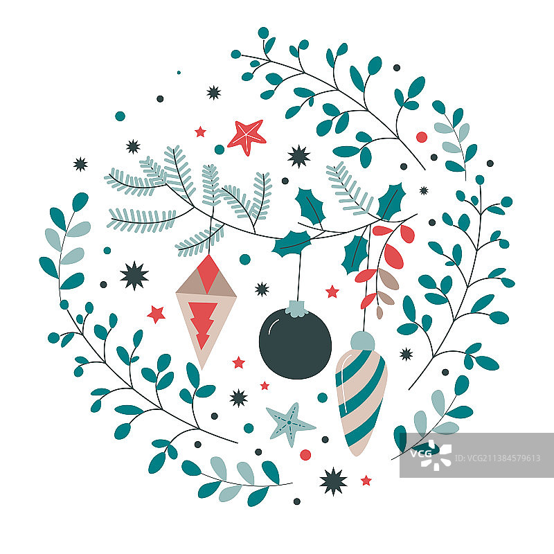 装饰着圣诞球的常绿植物树木图片素材