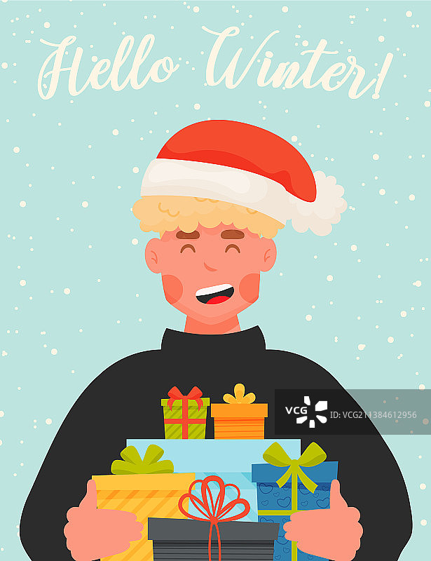 你好冬季宣传单卡片：戴红色无檐小便帽的男孩图片素材