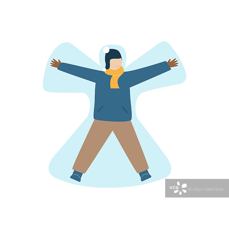 快乐的孩子躺在雪地上挥舞手臂图片素材