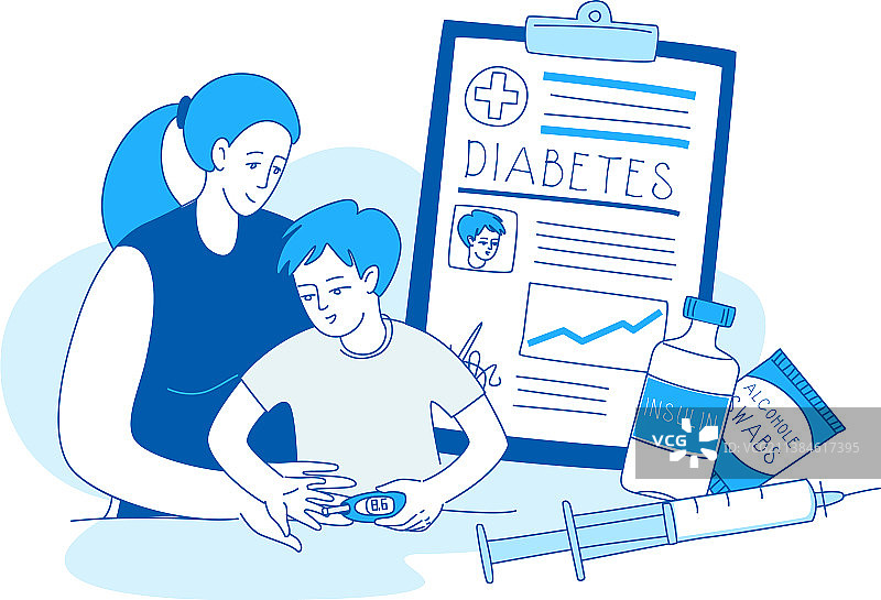 母亲帮助男孩进行血糖测试，使用胰岛素试剂盒图片素材