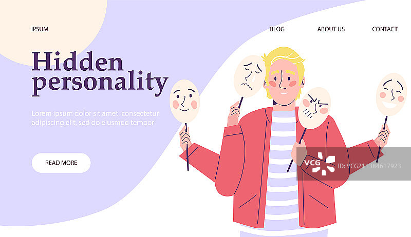 手持不同面具的金发白人男子图片素材