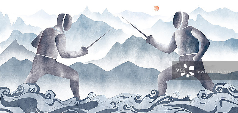 击剑运动项目对决比赛中国风水墨肌理插画图片素材