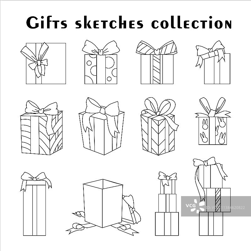不同素描礼品黑色轮廓合集图片素材