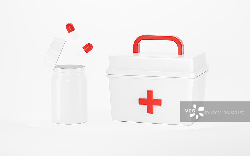 白色药箱与胶囊3D渲染图片素材