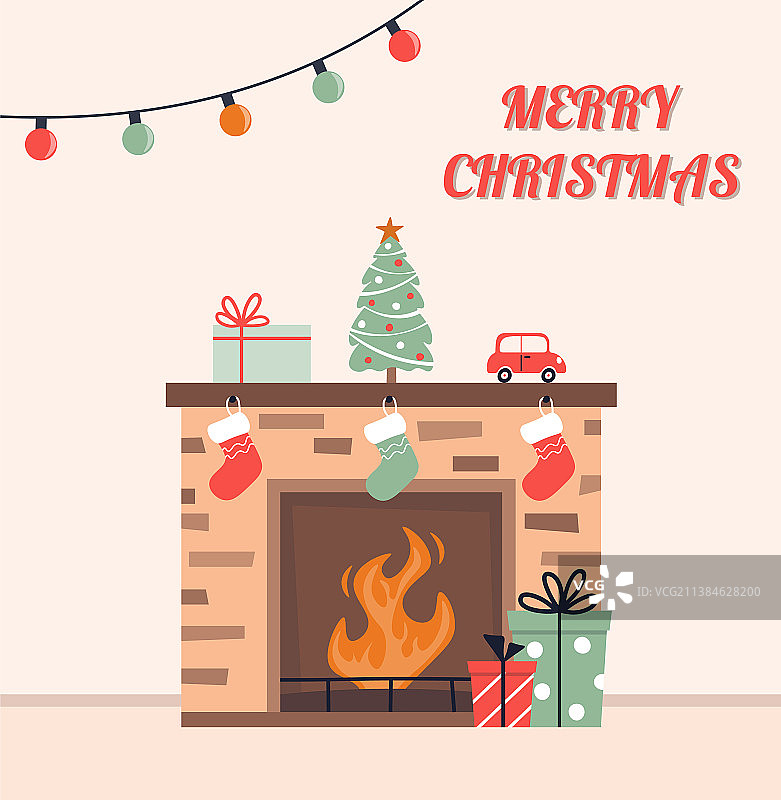 带袜子的圣诞壁炉贺卡图片素材