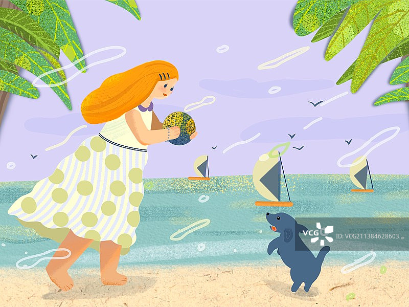 女孩宠物海边插画图片素材
