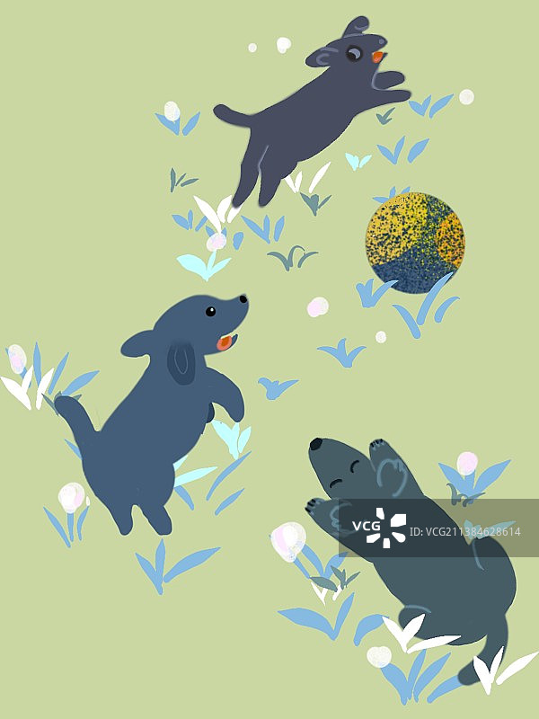 宠物狗狗玩耍手绘插画图片素材