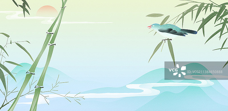 新中式风格山水风景插画图片素材