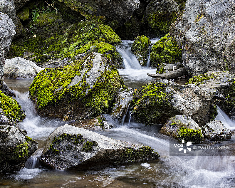 咆哮的梅格，森林瀑布的风景，吉布斯顿山谷，卡瓦劳峡谷，新西兰图片素材