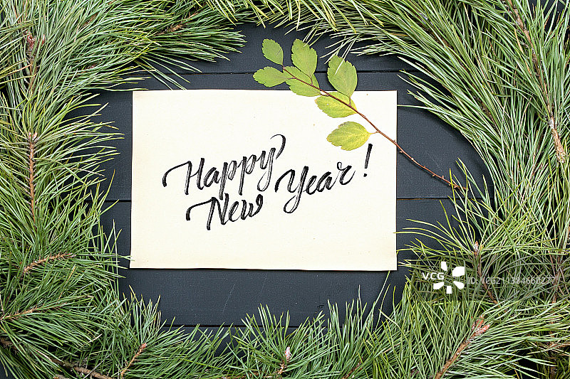 新年快乐，桌子上植物中的消息的直接上方拍摄图片素材