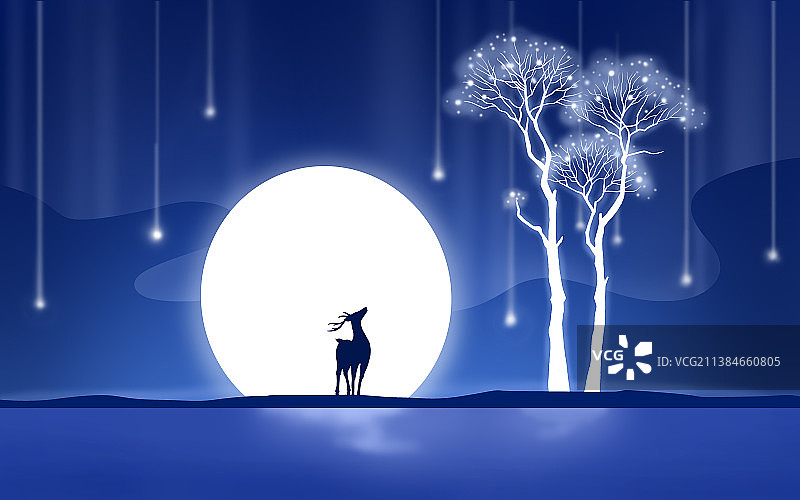 夜空极光满月神鹿发光树图片素材