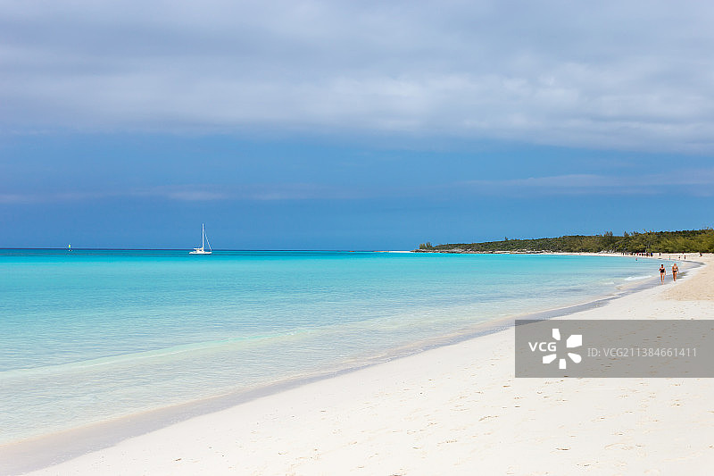 巴哈马拿骚：人们在清澈的海水沙滩上漫步，背景是蓝天图片素材
