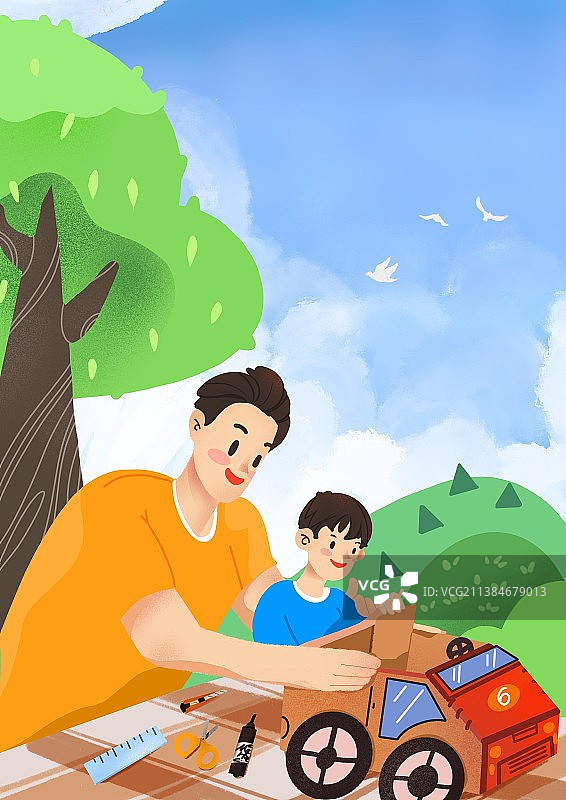 父亲和孩子在户外做手工图片素材