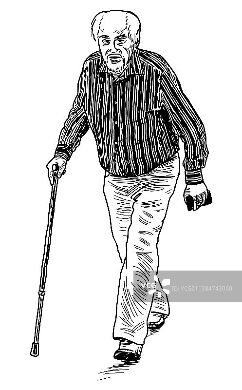 拄着拐杖的老人素描图片素材