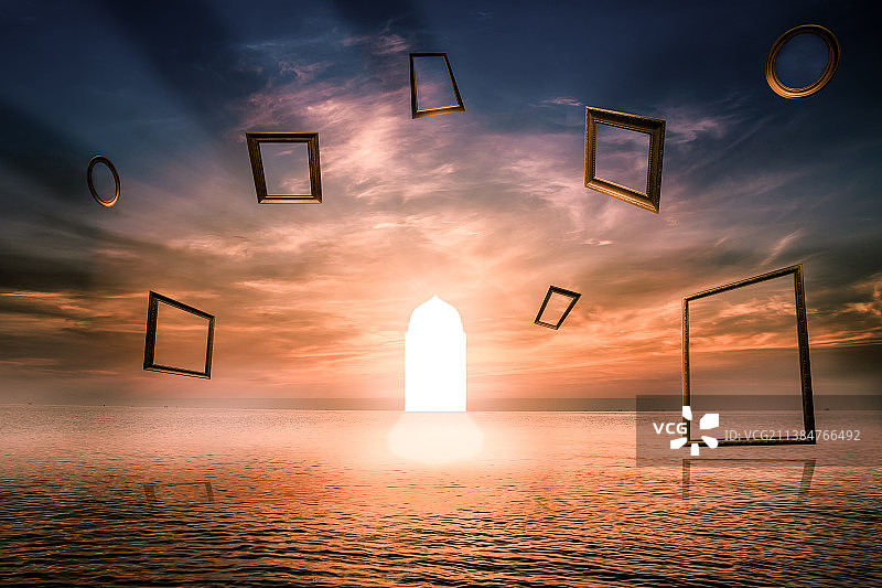 海上发光门与悬浮相框的抽象构图图片素材