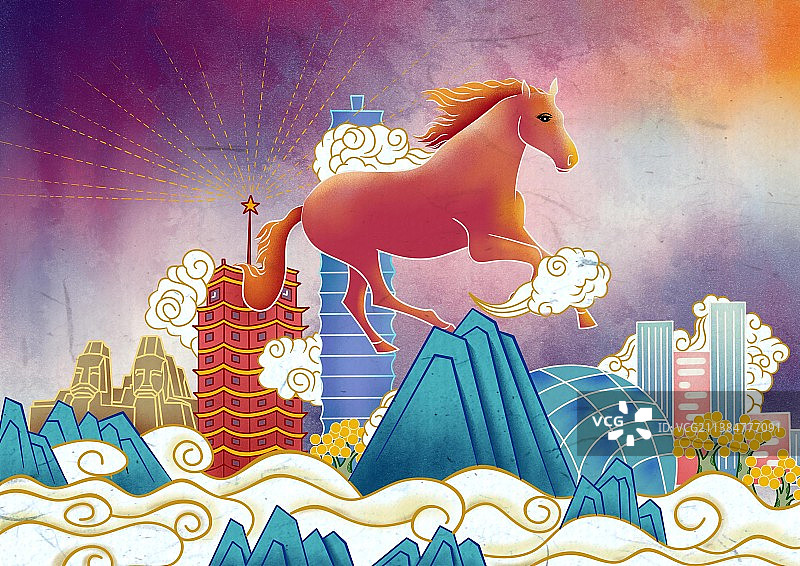 唯美国风郑州城市插画图片素材