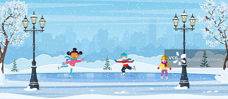 儿童滑冰的冬季场景图片素材