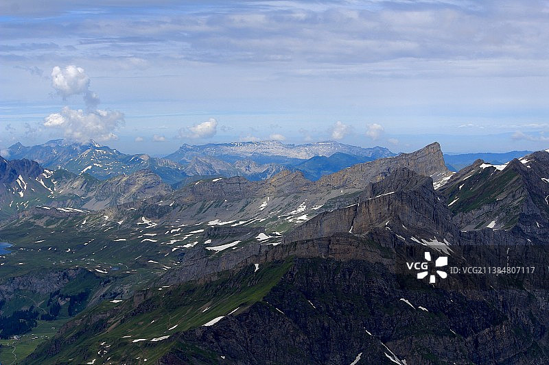 瑞士阿尔卑斯山：恩格尔贝格多云天空下的景观航拍图片素材