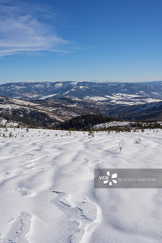 波兰比亚ły Krzyz的西里西亚贝斯基德山脉雪景全景 - 竖版图片素材