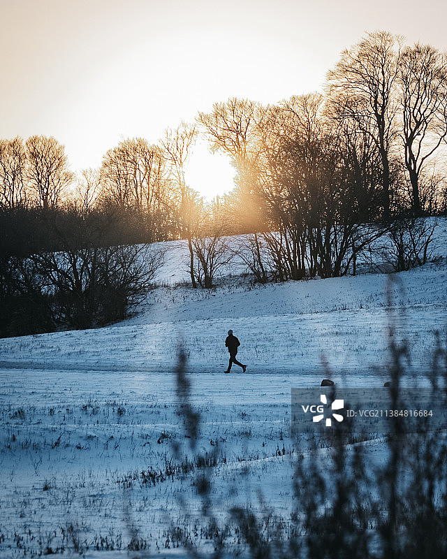 日落时分，雪原上行走的剪影图片素材